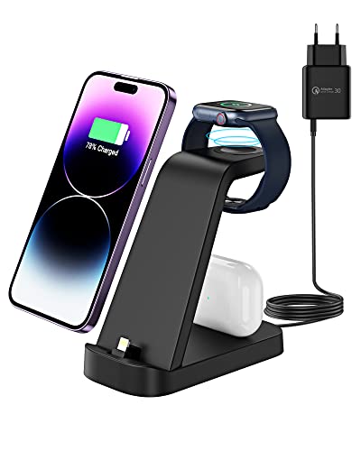 Apetiy 3 in 1 Schnell Ladegerät für Apple Watch Ladestation Ultra 8/7/6/SE/5/4/3/2 Kabelloser Ladeständer, 18W Schnell Tragbarer Ladestation für iPhone 14/13/12/11/XS/XR/8/7, AirPods Serie von Apetiy