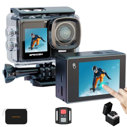 Apexcam 4K 30FPS 20MP Action Cam Dualscreen Touchscreen 40M wasserdichte Unterwasserkamera EIS Stabilisierung 170° Weitwinkel WiFi Fernbedienung mit 2x1350mAh Akkus und Zubehör Kit von Apexcam