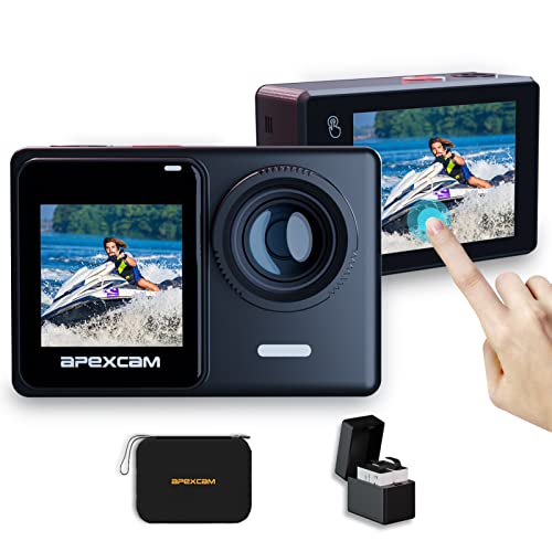 Apexcam 4K 60FPS 24MP Ultra HD Action Cam Dualscreen Touchscreen 40M wasserdichte Unterwasserkamera EIS Stabilisierung 170° Weitwinkel WiFi Fernbedienung mit 2x1350mAh Akkus und Zubehör Kit von Apexcam
