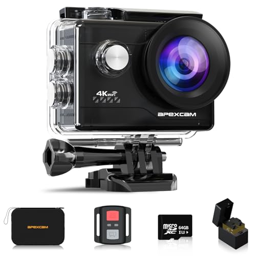 Apexcam 4K Action Cam 20MP mit 64GB Speicherkarte WiFi Sports Kamera Ultra HD Unterwasserkamera 40m 170 ° Weitwinkel 2.4G Fernbedienung Zeitraffer 2x1050mAh Akkus von Apexcam