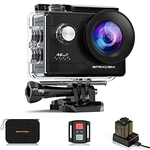 Apexcam 4K Action cam 20MP WiFi Sports Kamera Ultra HD Unterwasserkamera 40m wasserdicht 170 ° Weitwinkel 2.4G Fernbedienung Zeitraffer 2x1050mAh Akkus 2.0-inch LCD Bildschirm und andere Zubehör von Apexcam
