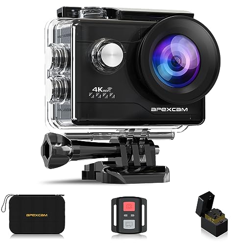 Apexcam 4K Action cam 20MP WiFi Sports Kamera Ultra HD Unterwasserkamera 40m wasserdicht 170 ° Weitwinkel 2.4G Fernbedienung Zeitraffer 2x1050mAh Akkus 2.0-inch LCD Bildschirm und andere Zubehör von Apexcam