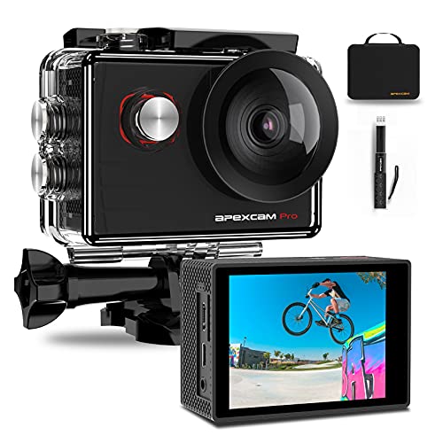 Apexcam Pro Action Cam 4K 20MP Sportkamera WiFi Unterwasserkamera 2.4G Fernbedienung Wasserdicht 40m 2.0 Zoll LCD Bildschirm 170 ° Weitwinkel mit Zwei 1200mAh Batterien externes Mikrofon von Apexcam