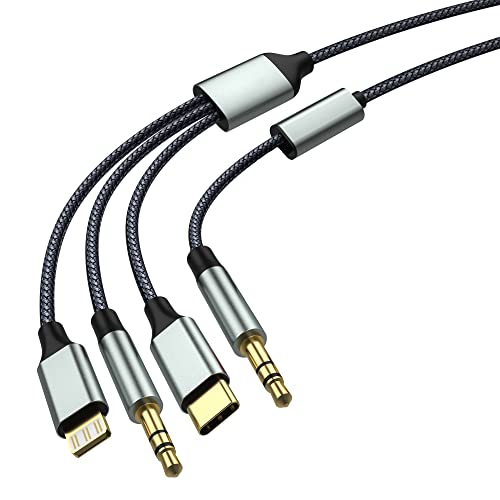Apitiong Aux-Kabel für Telefon 11, USB-C-zu-Aux, 3,5-mm-Nylon-Aux-Kabel, Klinkenkabel (3-in-1-Aux) für Kopfhörer, Telefon, Pad, Pod, Smartphone, Autoradio, MP3, Kompatibel mit Lightning von Apitiong