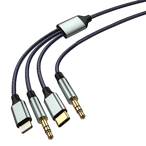 Aux-Kabel für Telefon 11, USB-C-zu-Aux-Kabel(3.2M), 3,5-mm-Nylon-Aux-Kabel, Klinkenkabel (3-in-1-Aux-Kabel) für Kopfhörer, Telefon, Pad, Pod, Smartphone, Autoradio, MP3, Kompatibel mit Lightning von Apitiong
