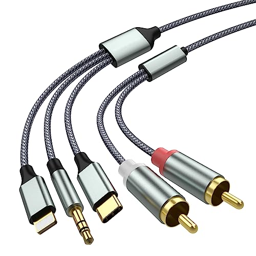 Cinch-Kabel für Telefon, 2 RCA-auf-3,5-Klinkenkabel, Typ-C-auf-2-RCA-Audio kabel (3-in-1-RCA-Kabel/3.3M) für Telefon, Tablet, PC, MP3-Player, Pod, Verstärker, Lautsprecher, kompatibel mit Lightning von Apitiong