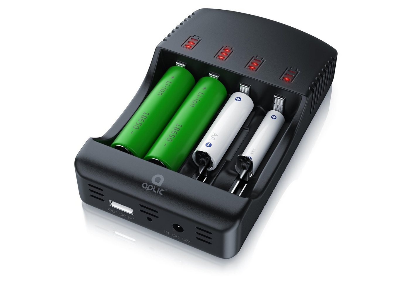 Aplic Batterie-Ladegerät (2000 mA, Universal Akku Ladegerät mit USB Powerbankfunktion, 4x Aufladeschächte) von Aplic