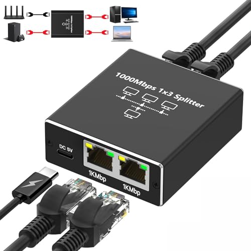 LAN Splitter 1 auf 3 Ethernet Splitter 1000 Mbps LAN Switch 3 Port mit Typ-C Netzkabel, Ethernet Switch RJ45 für Computer, Router, Set-Top Box, ADSL, Digital TV, et von Aplimln