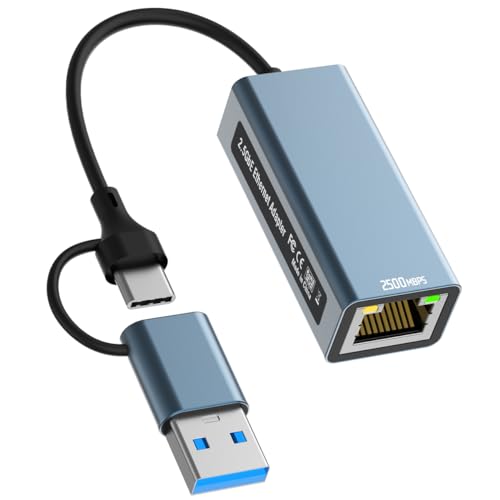 USB C auf 2.5G Ethernet Adapter, USB 3.0 to RJ45 LAN Netzwerkadapter Adapter, 2500 Mbps LAN Ethernet Adapter Kompatibel mit Windows 7/8/10/XP, MAC OS, Linux, Vista, usw von Aplimln