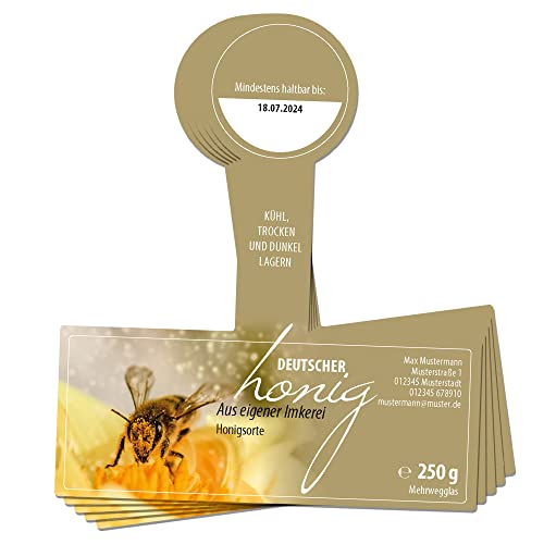 Apoidea – Honig Etiketten 250 g mit Gewährverschluss selbstklebend & personalisierbar - 200 Stück/Etiketten Honiggläser/Honig Aufkleber für selbstgemachten Honig/Honigetiketten für Honiggläser von Apoidea