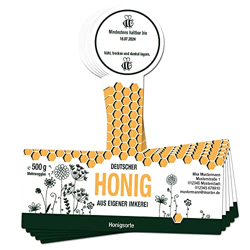 Apoidea – Honig Etiketten 500g mit Gewährverschluss selbstklebend & personalisierbar - 500 Stück/Etiketten Honiggläser/Honig Aufkleber für selbstgemachten Honig/Honigetiketten für Honiggläser von Apoidea