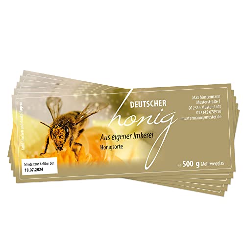 Apoidea – Honig Etiketten Rechteckig selbstklebend & personalisierbar - 300 Stück/Etiketten Honiggläser 500g / Honig Aufkleber für selbstgemachten Honig/Honigetiketten für Honiggläser von Apoidea