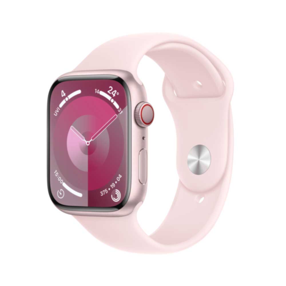APPLE Watch Series 9 GPS + Cellular 45mm Pink Aluminium Case with Light Pink Sport Band - S/M (MRMK3QF/A) von Apple