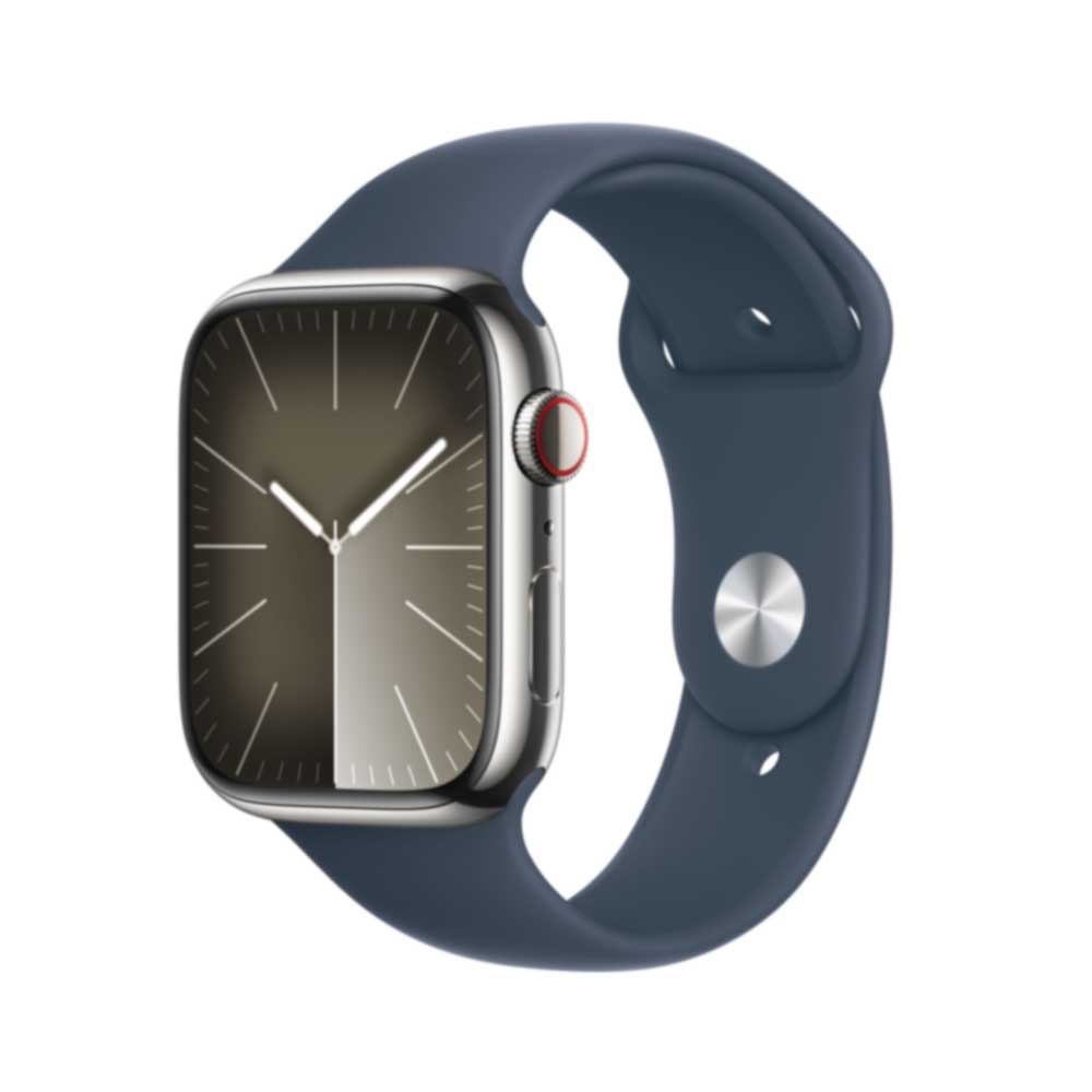 APPLE Watch Series 9 GPS + Cellular 45mm Silver Stainless Steel Case with Storm Blue Sport Band - S/M (MRMN3QF/A) von Apple