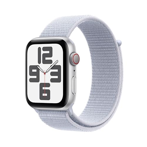 Apple Watch SE (2. Generation) GPS + Cellular 44 mm Smartwatch mit Aluminiumgehäuse in Silber und Sport Loop in Blaue Wolke (One Size). Fitness und Schlaftracker, Unfallerkennung, CO₂ neutral von Apple