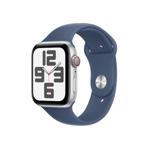 Apple Watch SE (2. Generation) GPS + Cellular 44 mm Smartwatch mit Aluminiumgehäuse in Silber und Sportarmband in Denim (M/L). Fitness und Schlaftracker, Unfallerkennung, Herzfrequenzmesser von Apple
