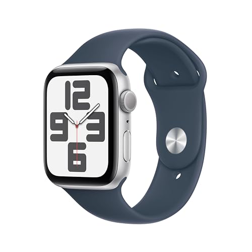 Apple Watch SE (2. Generation, 2023) (GPS, 44 mm) Smartwatch mit Aluminiumgehäuse in Silber und Sportarmband (M/L) in Sturmblau. Fitness- und Schlaftracker, Unfallerkennung, Herzfrequenzmesser von Apple