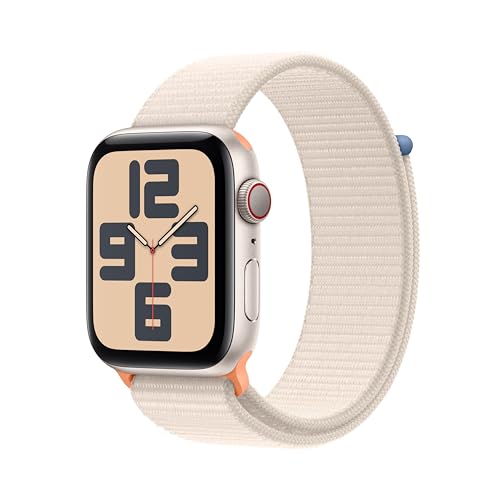 Apple Watch SE (2. Generation, 2023) (GPS + Cellular, 44 mm) Smartwatch mit Aluminiumgehäuse und Sport Loop Armband in Polarstern. Fitness- und Schlaftracker, Herzfrequenzmesser, CO₂ neutral von Apple