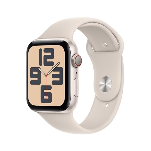 Apple Watch SE (2. Generation, 2023) (GPS + Cellular, 44 mm) Smartwatch mit Aluminiumgehäuse und Sportarmband (S/M) in Polarstern. Fitness- und Schlaftracker, Unfallerkennung, Herzfrequenzmesser von Apple
