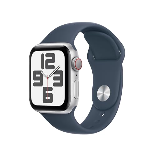 Apple Watch SE (2. Generation, 2023) (GPS + Cellular 40 mm) Smartwatch mit Aluminiumgehäuse in Silber und Sportarmband S/M in Sturmblau. Fitness- und Schlaftracker, Unfallerkennung, Herzfrequenzmesser von Apple