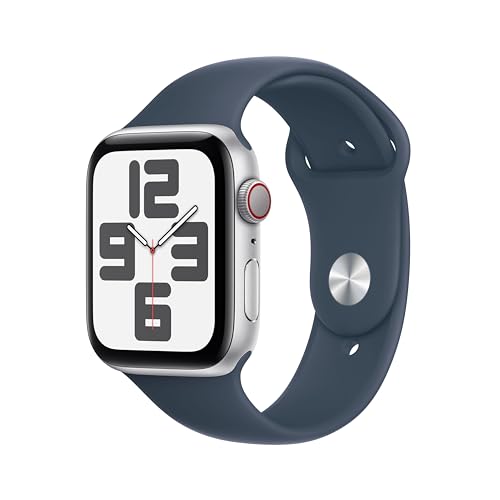 Apple Watch SE (2. Generation, 2023) (GPS + Cellular 44 mm) Smartwatch mit Aluminiumgehäuse in Silber und Sportarmband M/L in Sturmblau. Fitness- und Schlaftracker, Unfallerkennung, Herzfrequenzmesser von Apple