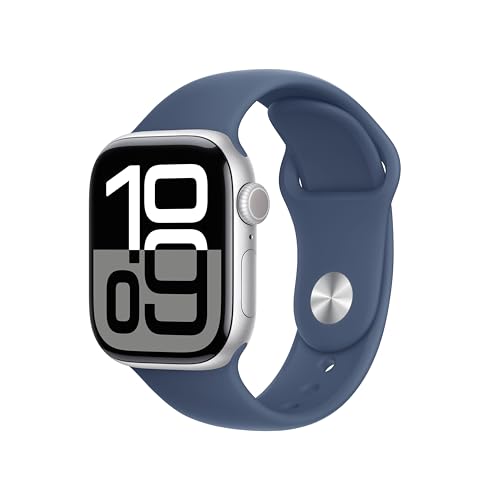 Apple Watch Series 10 (GPS + Cellular 42 mm) Smartwatch mit Aluminiumgehäuse in Silber und Sportarmband in Denim (M/L). Fitnesstracker, EKG App, Always-On Retina Display, Wasserschutz von Apple