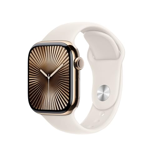 Apple Watch Series 10 (GPS + Cellular 42 mm) Smartwatch mit Titangehäuse in Gold und Sportarmband in Polarstern (S/M). Fitnesstracker, EKG App, Always-On Retina Display, Wasserschutz von Apple