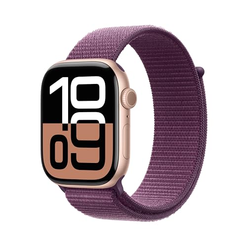 Apple Watch Series 10 (GPS + Cellular 46 mm) Smartwatch mit Aluminiumgehäuse in Roségold und Sport Loop in Pflaume (One Size). Fitnesstracker, EKG App, Always-On Retina Display, CO₂ neutral von Apple
