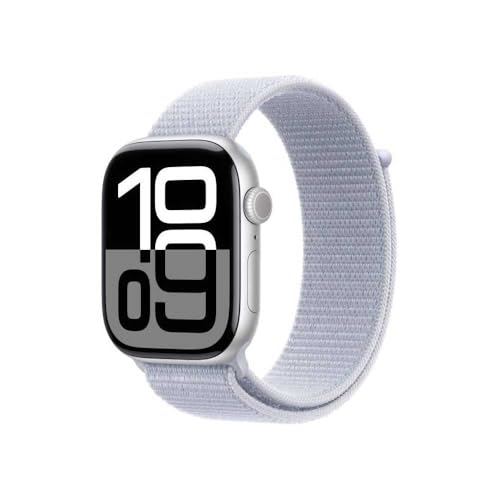 Apple Watch Series 10 (GPS + Cellular 46 mm) Smartwatch mit Aluminiumgehäuse in Silber und Sport Loop in Blaue Wolke (One Size). Fitnesstracker, EKG App, Always-On Retina Display, CO₂ neutral von Apple