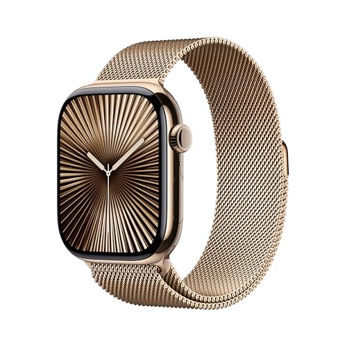 Apple Watch Series 10 (GPS + Cellular 46 mm) Smartwatch mit Titangehäuse in Gold und Milanaise Armband in Gold (S/M). Fitnesstracker, EKG App, Always-On Retina Display, Wasserschutz von Apple