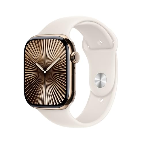 Apple Watch Series 10 (GPS + Cellular 46 mm) Smartwatch mit Titangehäuse in Gold und Sportarmband in Polarstern (M/L). Fitnesstracker, EKG App, Always-On Retina Display, Wasserschutz von Apple
