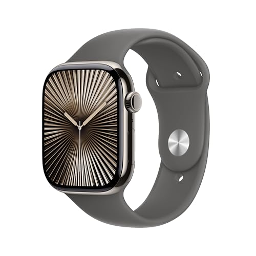 Apple Watch Series 10 (GPS + Cellular 46 mm) Smartwatch mit Titangehäuse in Natur und Sportarmband in Steingrau (S/M). Fitnesstracker, EKG App, Always-On Retina Display, Wasserschutz von Apple