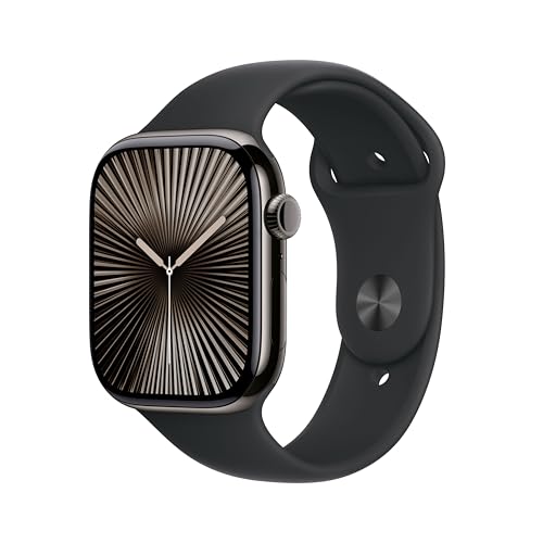 Apple Watch Series 10 (GPS + Cellular 46 mm) Smartwatch mit Titangehäuse in Schiefer und Sportarmband in Schwarz (M/L). Fitnesstracker, EKG App, Always-On Retina Display, Wasserschutz von Apple
