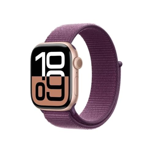 Apple Watch Series 10 (GPS 42 mm) Smartwatch mit Aluminiumgehäuse in Roségold und Sport Loop in Pflaume (One Size). Fitnesstracker, EKG App, Always-On Retina Display, CO₂ neutral von Apple