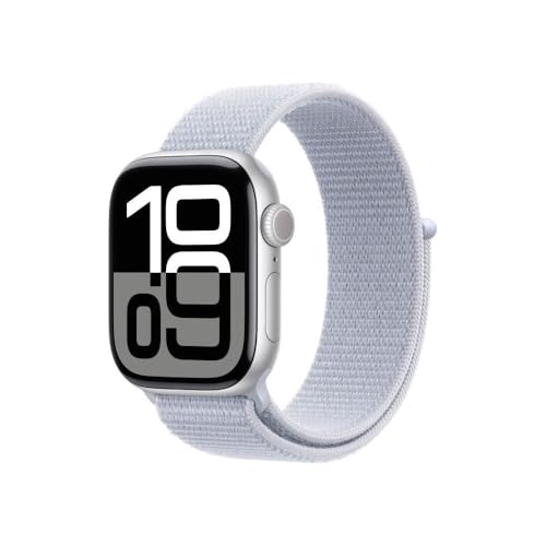 Apple Watch Series 10 (GPS 42 mm) Smartwatch mit Aluminiumgehäuse in Silber und Sport Loop in Blaue Wolke (One Size). Fitnesstracker, EKG App, Always-On Retina Display, CO₂ neutral von Apple