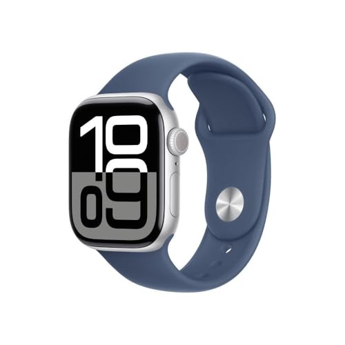 Apple Watch Series 10 (GPS 42 mm) Smartwatch mit Aluminiumgehäuse in Silber und Sportarmband in Denim (M/L). Fitnesstracker, EKG App, Always-On Retina Display, Wasserschutz von Apple