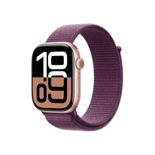 Apple Watch Series 10 (GPS 46 mm) Smartwatch mit Aluminiumgehäuse in Roségold und Sport Loop in Pflaume (One Size). Fitnesstracker, EKG App, Always-On Retina Display, CO₂ neutral von Apple