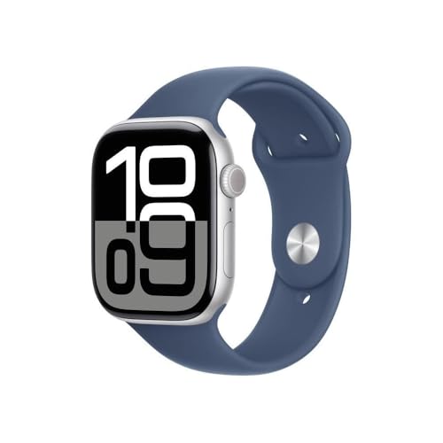 Apple Watch Series 10 (GPS + Cellular 46 mm) Smartwatch mit Aluminiumgehäuse in Silber und Sportarmband in Denim (S/M). Fitnesstracker, EKG App, Always-On Retina Display, Wasserschutz von Apple