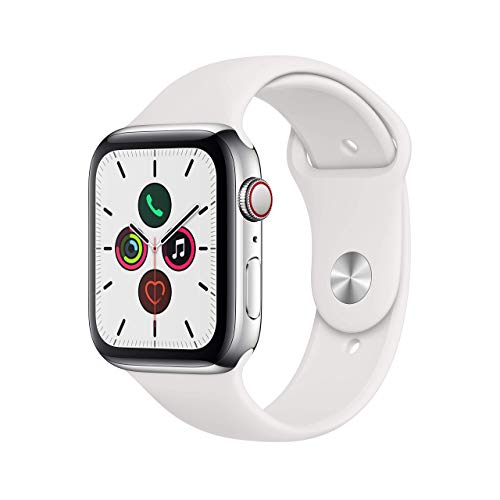 Apple Watch Series 5 (GPS + Cellular, 44 mm) - Edelstahlgehäuse Silber Weiß Sportarmband (Generalüberholt) von Apple