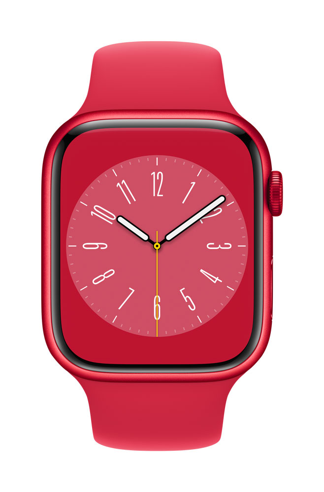 Apple Watch Series 8 (GPS) - (PRODUCT) RED - 45 mm - Red Aluminium - intelligente Uhr mit Sportband - Flouroelastomer - rot - Bandgröße: regelmäßig - 32GB - Wi-Fi, Bluetooth - 38,8 g (MNP43FD/A) von Apple