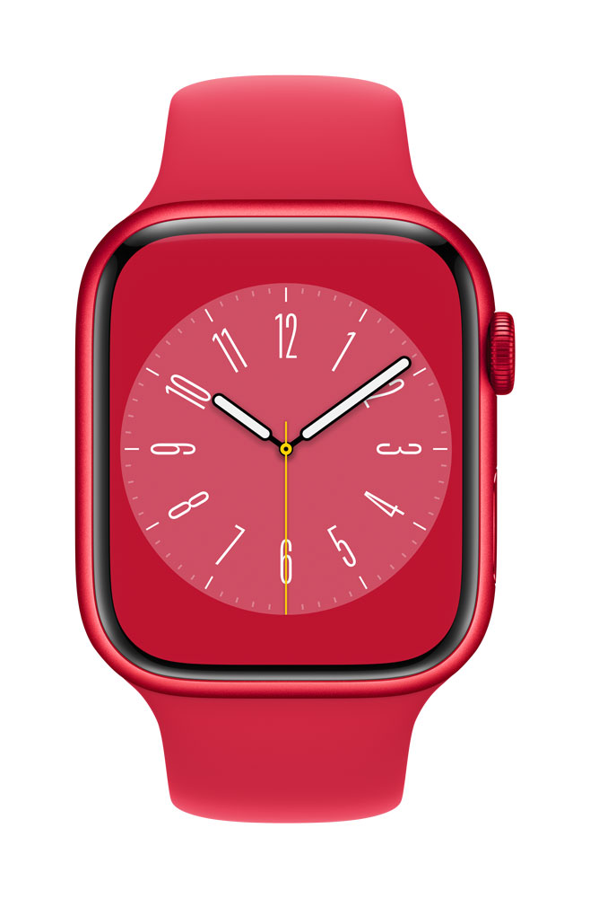 Apple Watch Series 8 (GPS + Cellular) - (PRODUCT) RED - 45 mm - Red Aluminium - intelligente Uhr mit Sportband - Flouroelastomer - rot - Bandgröße: regelmäßig - 32GB - Wi-Fi, LTE, Bluetooth, UWB - 4G - 38,8 g (MNKA3FD/A) von Apple