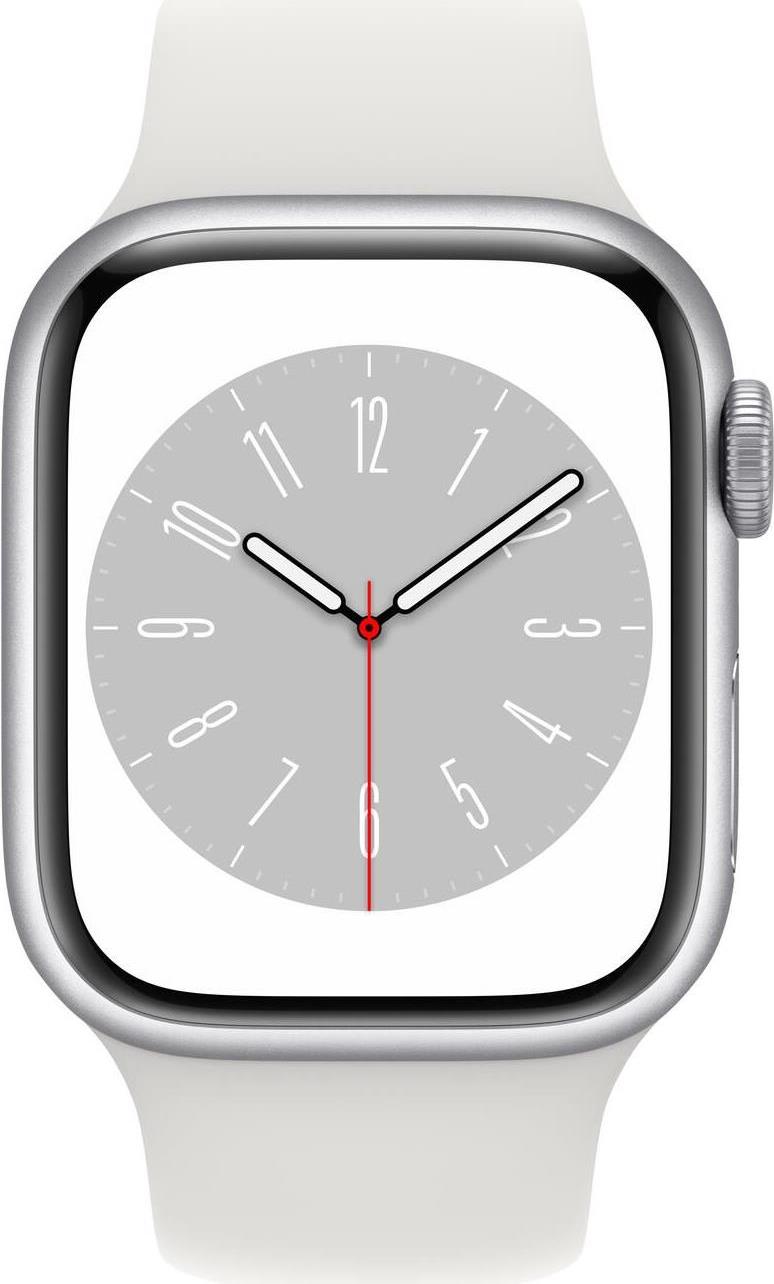 Apple Watch Series 8 (GPS + Cellular) - 45 mm - Silver Edelstahl - intelligente Uhr mit Sportband - Flouroelastomer - weiß - Bandgröße: regelmäßig - 32GB - Wi-Fi, LTE, Bluetooth, UWB - 4G - 51,5 g (MNKE3FD/A) von Apple