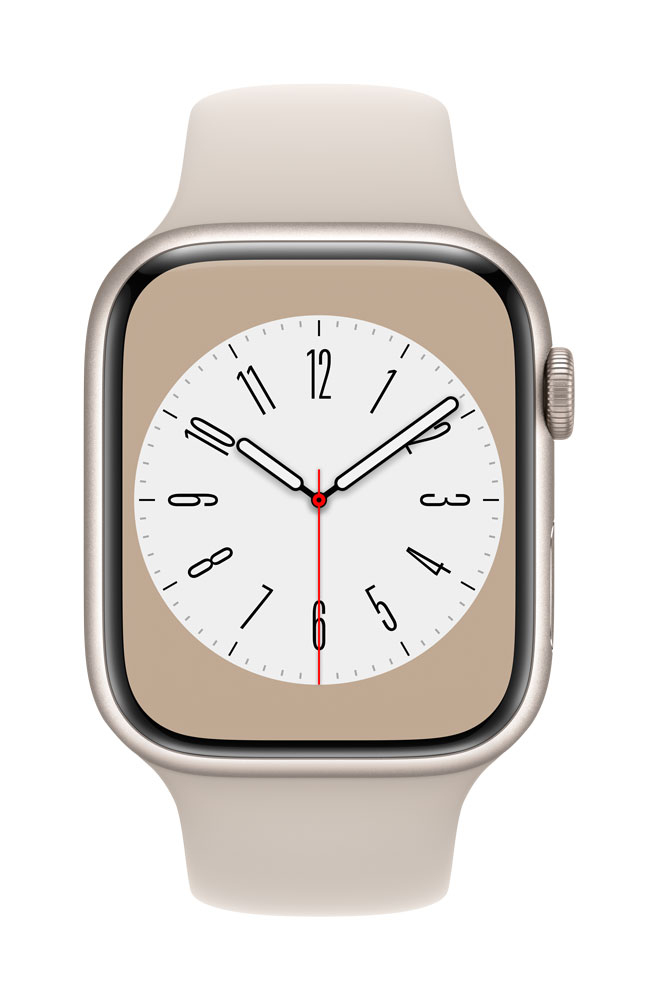 Apple Watch Series 8 (GPS + Cellular) - 45 mm - Starlight Aluminium - intelligente Uhr mit Sportband - Flouroelastomer - Starlight - Bandgröße: regelmäßig - 32GB - Wi-Fi, LTE, Bluetooth, UWB - 4G - 38,8 g (MNK73FD/A) von Apple