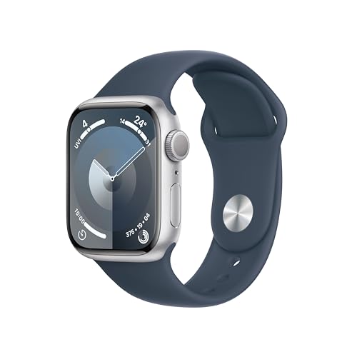 Apple Watch Series 9 (GPS, 41 mm) Smartwatch mit Aluminiumgehäuse in Silber und Sportarmband M/L in Sturmblau. Fitnesstracker, Blutsauerstoff und EKG Apps, Always-On Retina Display, Wasserschutz von Apple