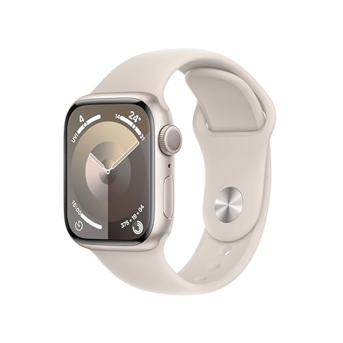 Apple Watch Series 9 (GPS, 41 mm) Smartwatch mit Aluminiumgehäuse und Sportarmband S/M in Polarstern. Fitnesstracker, Blutsauerstoff und EKG Apps, Always-On Retina Display, Wasserschutz von Apple