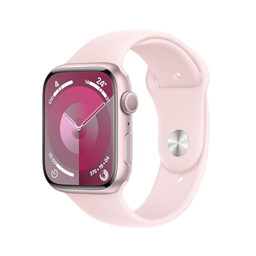 Apple Watch Series 9 (GPS, 45 mm) Smartwatch mit Aluminiumgehäuse in Pink und Sportarmband M/L in Hellrosa. Fitnesstracker, Blutsauerstoff und EKG Apps, Always-On Retina Display, Wasserschutz von Apple