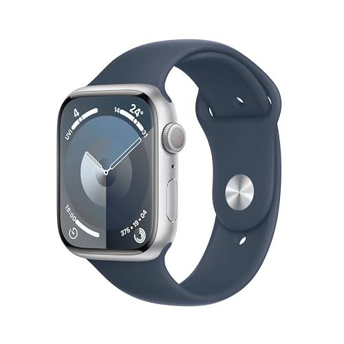 Apple Watch Series 9 (GPS, 45 mm) Smartwatch mit Aluminiumgehäuse in Silber und Sportarmband M/L in Sturmblau. Fitnesstracker, Blutsauerstoff und EKG Apps, Always-On Retina Display, Wasserschutz von Apple