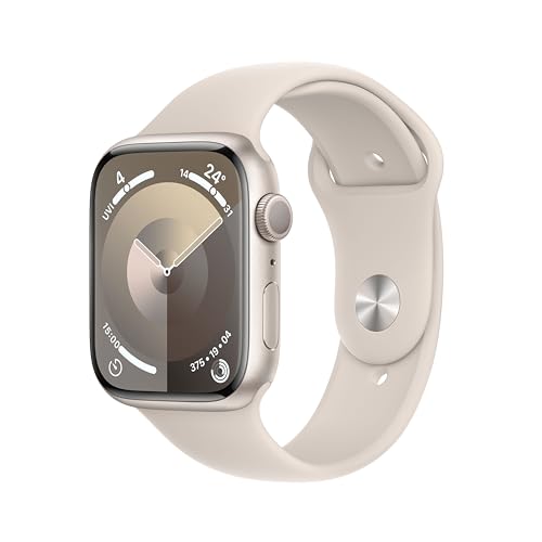 Apple Watch Series 9 (GPS, 45 mm) Smartwatch mit Aluminiumgehäuse und Sportarmband M/L in Polarstern. Fitnesstracker, Blutsauerstoff und EKG Apps, Always-On Retina Display, Wasserschutz von Apple