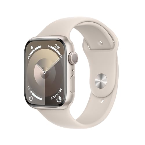 Apple Watch Series 9 (GPS, 45 mm) Smartwatch mit Aluminiumgehäuse und Sportarmband S/M in Polarstern. Fitnesstracker, Blutsauerstoff und EKG Apps, Always-On Retina Display, Wasserschutz von Apple