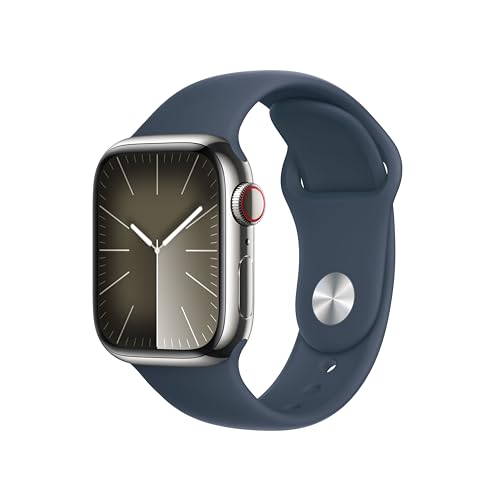 Apple Watch Series 9 (GPS + Cellular, 41 mm) Smartwatch mit Edelstahlgehäuse in Silber und Sportarmband S/M in Sturmblau. Fitnesstracker, Blutsauerstoff und EKG Apps, Always-On Retina Display von Apple